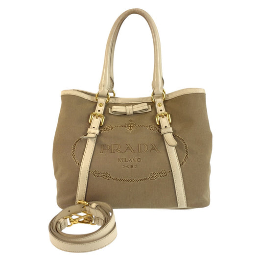 PRADA Tote Bag Canvas, Leather Beige Gold Metal Tote Bag Shoulder Bag 2way Logo jacquard Women Used Authentic
