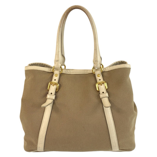 PRADA Tote Bag Canvas, Leather Beige Gold Metal Tote Bag Shoulder Bag 2way Logo jacquard Women Used Authentic