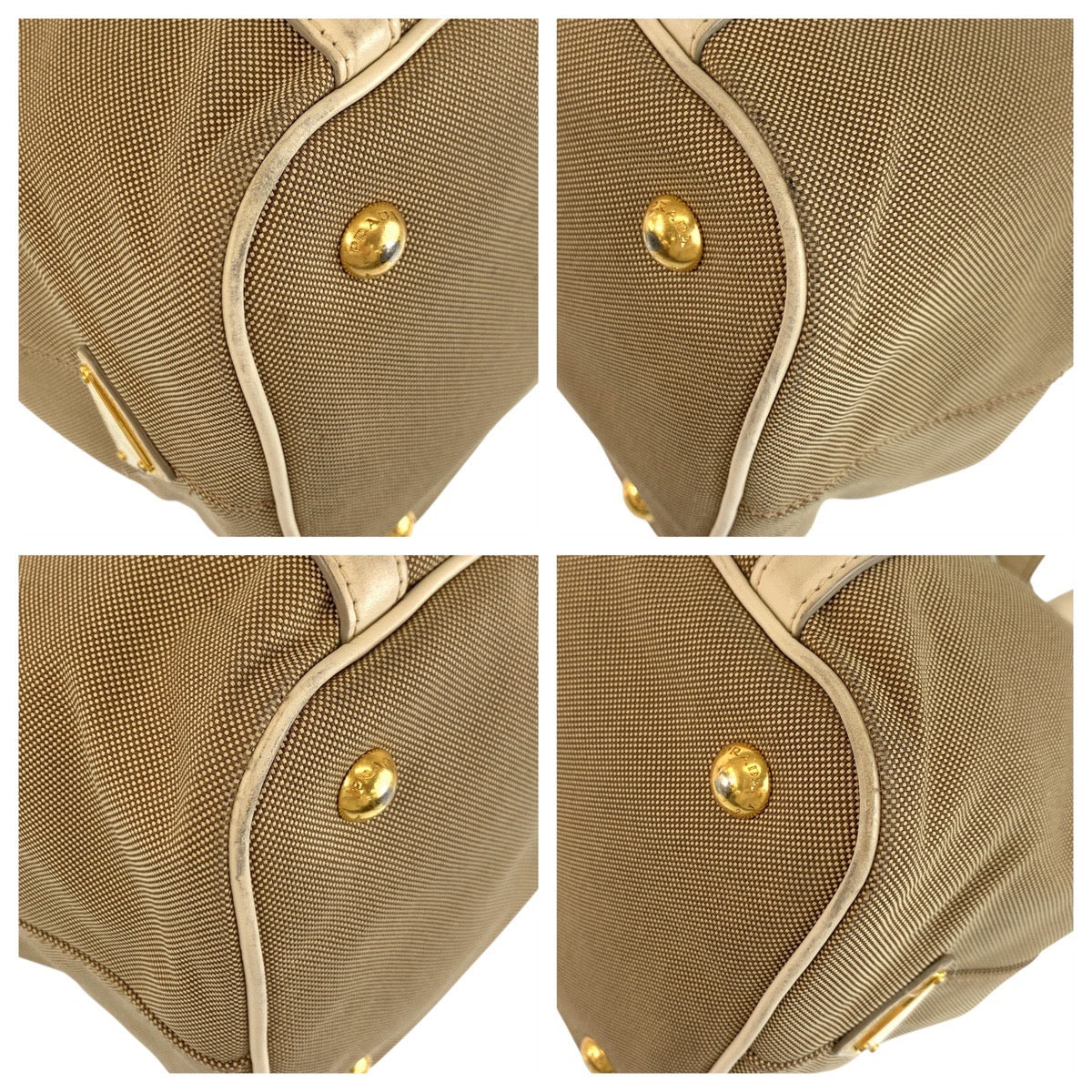 PRADA Tote Bag Canvas, Leather Beige Gold Metal Tote Bag Shoulder Bag 2way Logo jacquard Women Used Authentic