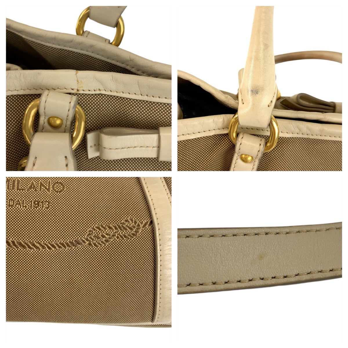 PRADA Tote Bag Canvas, Leather Beige Gold Metal Tote Bag Shoulder Bag 2way Logo jacquard Women Used Authentic
