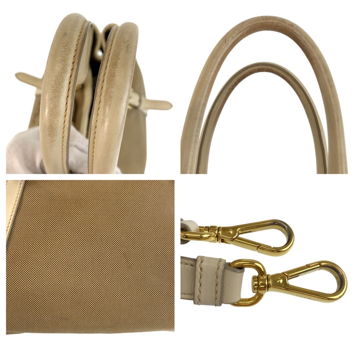 PRADA Tote Bag Canvas, Leather Beige Gold Metal Tote Bag Shoulder Bag 2way Logo jacquard Women Used Authentic