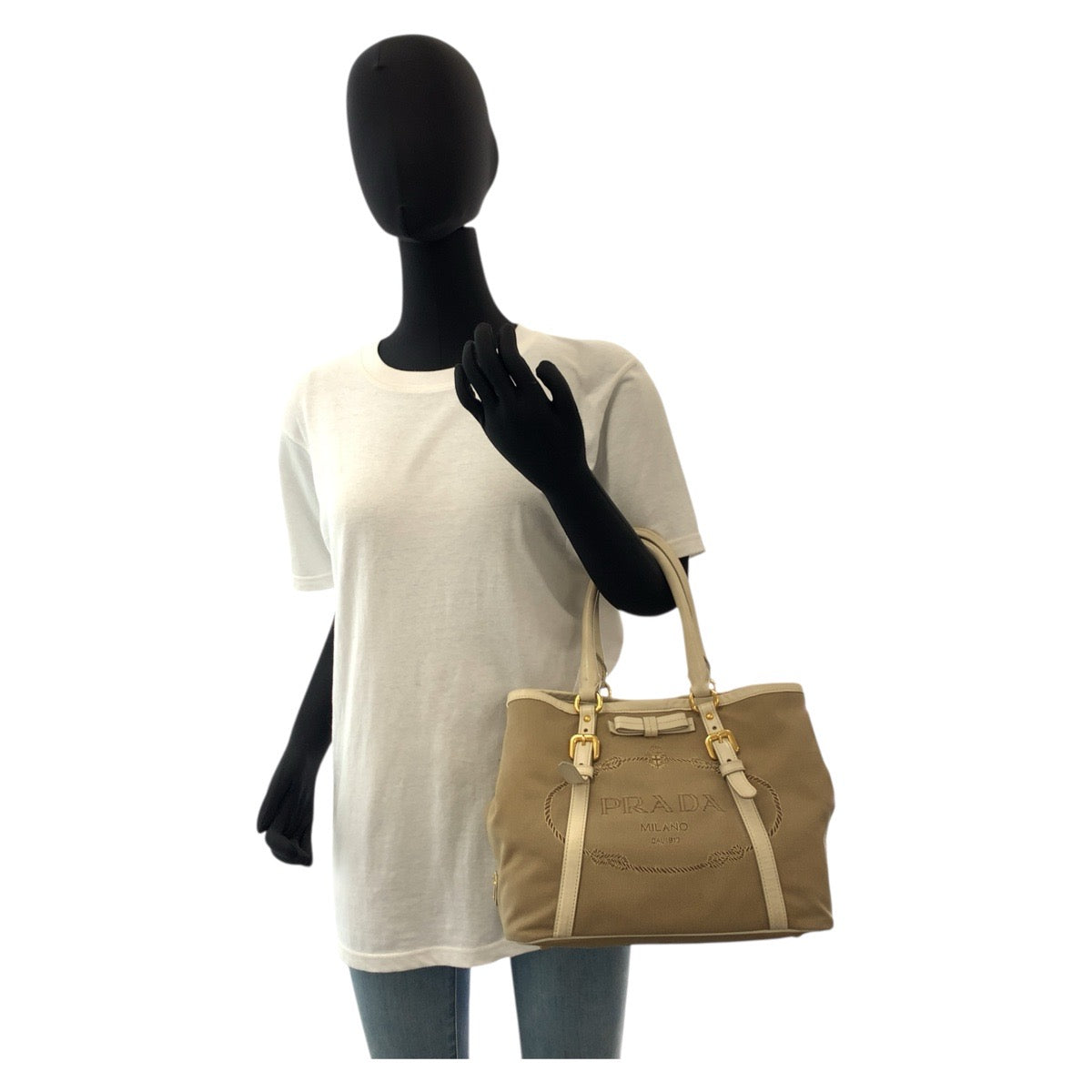 PRADA Tote Bag Canvas, Leather Beige Gold Metal Tote Bag Shoulder Bag 2way Logo jacquard Women Used Authentic