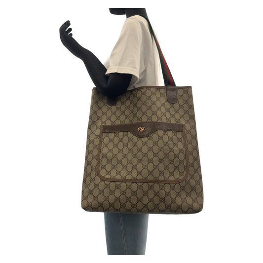 GUCCI Tote Bag 902 02 003 GG Supreme Canvas Brown Gold Metal Old Gucci Shelly Line