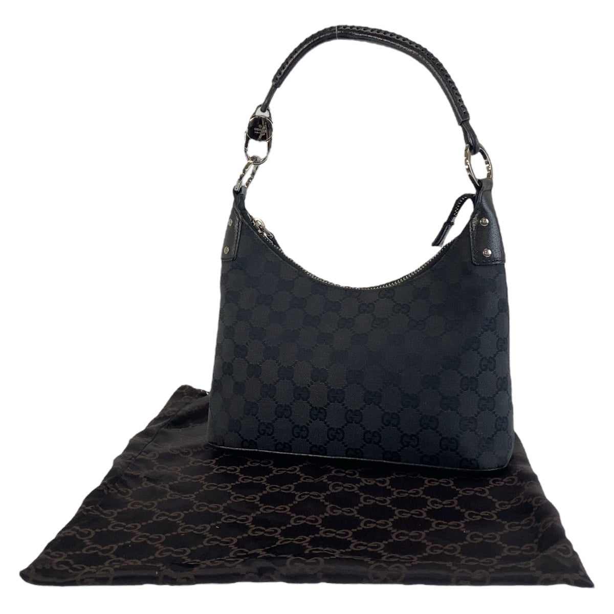 GUCCI Shoulder Bag 115002 GG canvas, leather Black SilverMetal Hobo Shoulder Bag Handbag Women Used Authentic