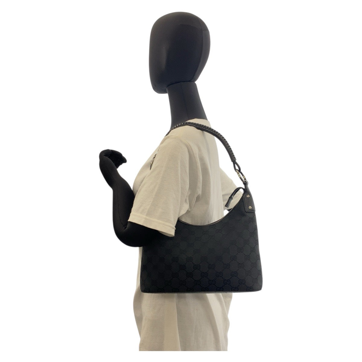 GUCCI Shoulder Bag 115002 GG canvas, leather Black SilverMetal Hobo Shoulder Bag Handbag Women Used Authentic