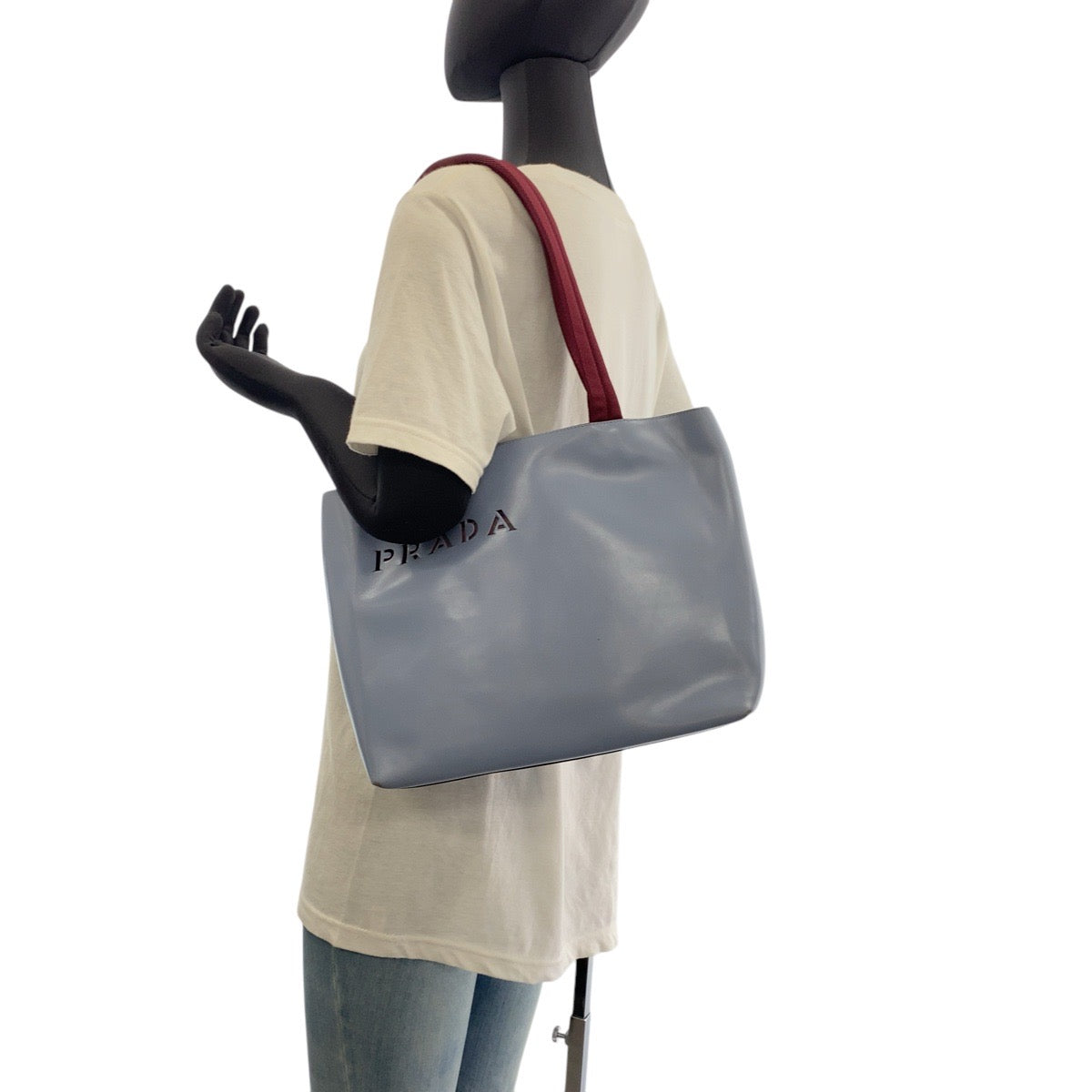 PRADA Tote Bag leather Blue Wine Red Tote Bag Shoulder Bag Cut-off logo Women Used Authentic