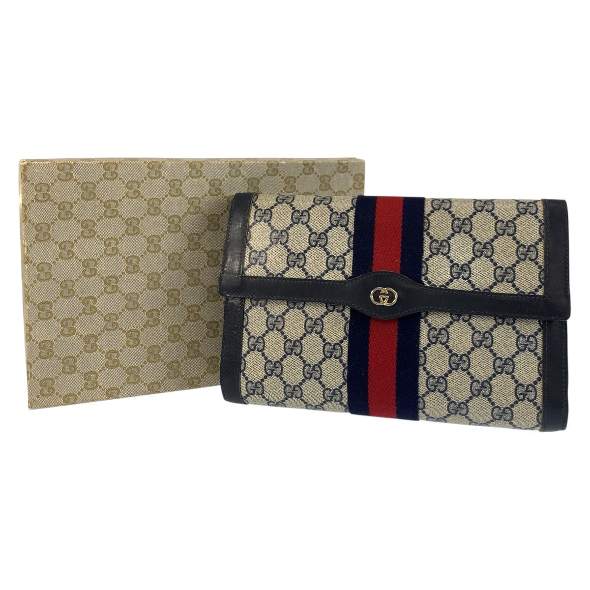 GUCCI Clutch bag 38 GG Supreme canvas, leather Gray Navy Gold Metal Clutch bag business bag Sherry line mens Used Authentic