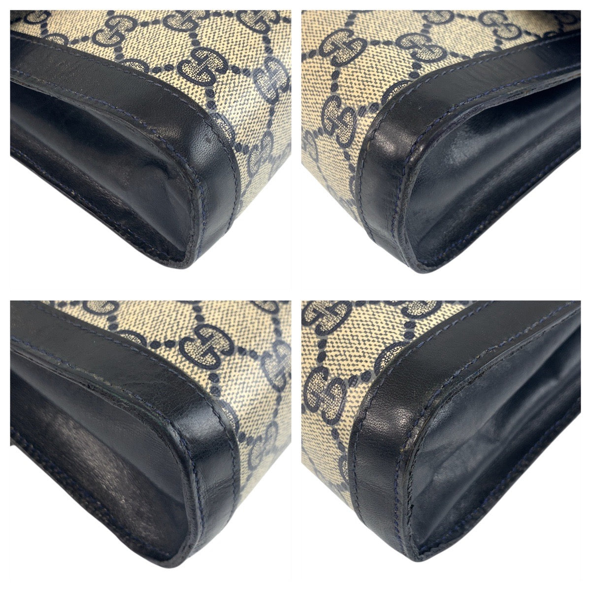 GUCCI Clutch bag 38 GG Supreme canvas, leather Gray Navy Gold Metal Clutch bag business bag Sherry line mens Used Authentic