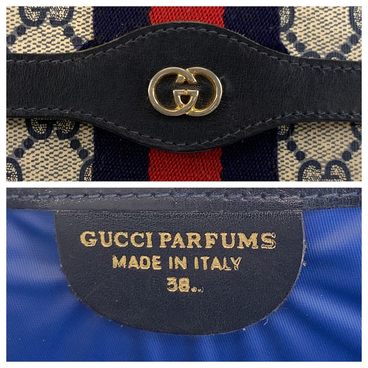 GUCCI Clutch bag 38 GG Supreme canvas, leather Gray Navy Gold Metal Clutch bag business bag Sherry line mens Used Authentic