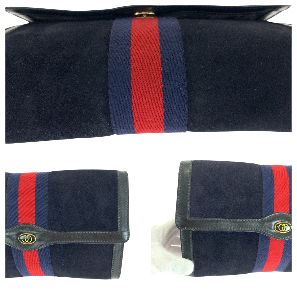 GUCCI Clutch bag 67 014 3088 Suede Navy Red Gold Metal Clutch bag business bag Old Gucci Women Used Authentic