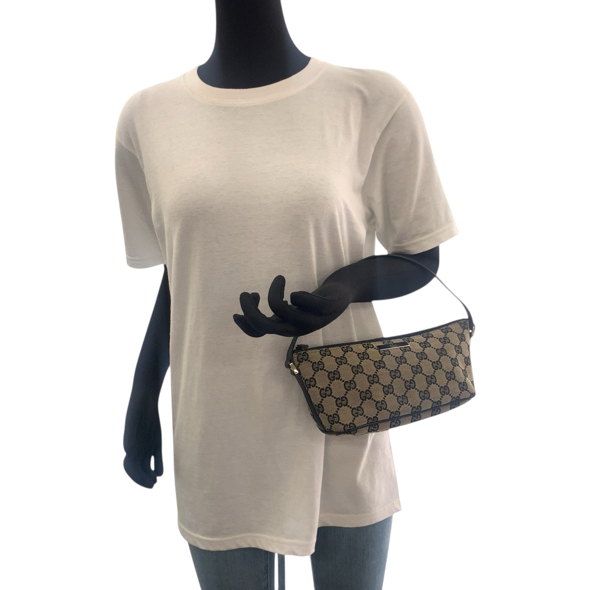 GUCCI Handbag 039 1103 GG canvas Beige Black Gold Metal Handbag accessory pouch Women Used Authentic