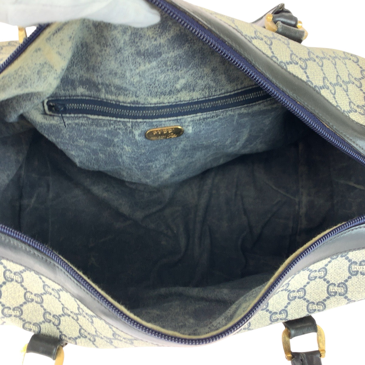 GUCCI Handbag PVC Navy Gray Gold Metal Handbags Mini Boston Duffel bag GG plus Women Used Authentic