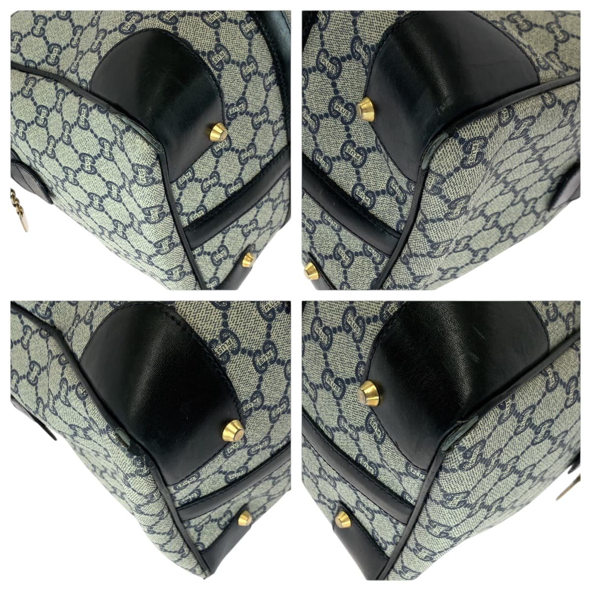 GUCCI Handbag PVC Navy Gray Gold Metal Handbags Mini Boston Duffel bag GG plus Women Used Authentic