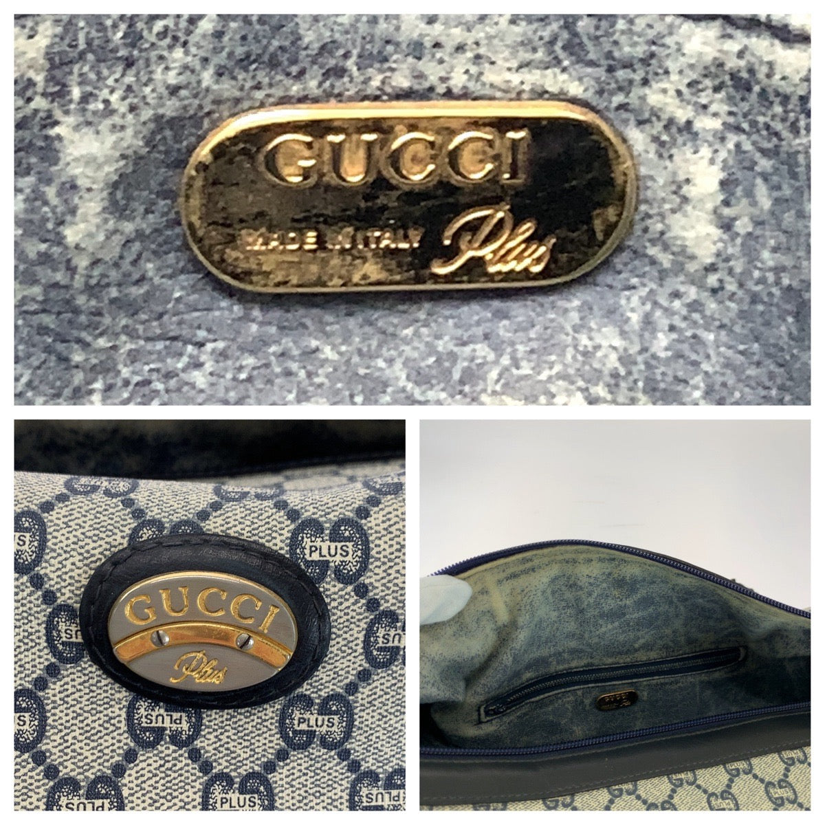 GUCCI Handbag PVC Navy Gray Gold Metal Handbags Mini Boston Duffel bag GG plus Women Used Authentic