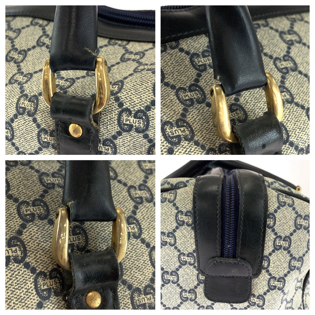 GUCCI Handbag PVC Navy Gray Gold Metal Handbags Mini Boston Duffel bag GG plus Women Used Authentic