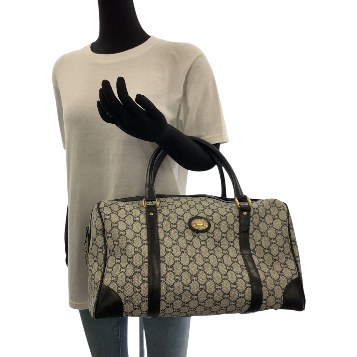 GUCCI Handbag PVC Navy Gray Gold Metal Handbags Mini Boston Duffel bag GG plus Women Used Authentic