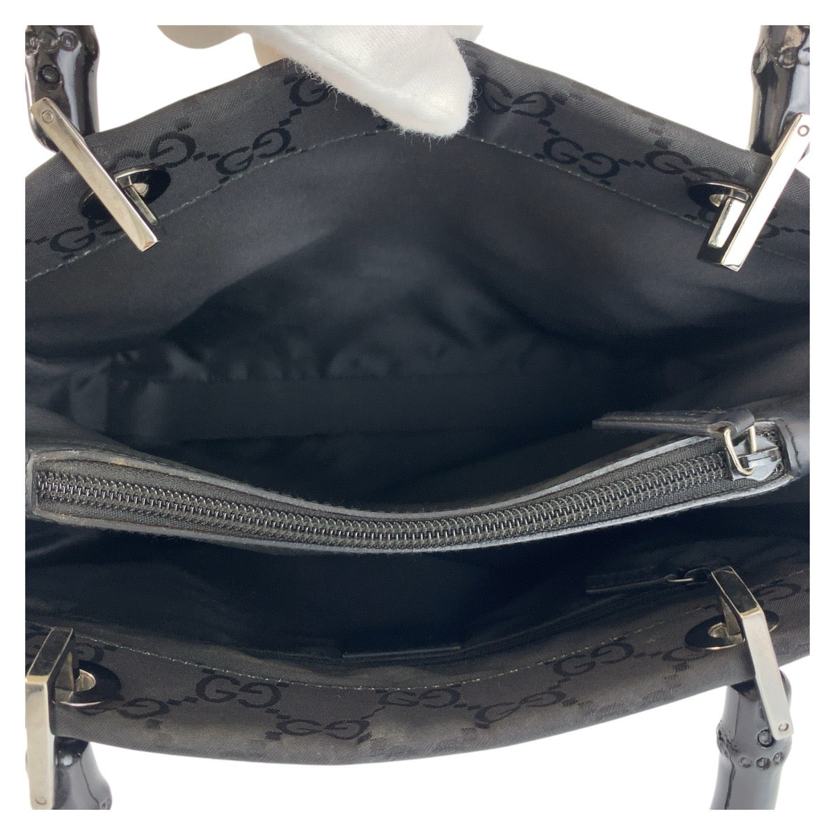 GUCCI Handbag 002 1016 GG canvas Black SilverMetal Handbag Tote Bag Bamboo Women Used Authentic