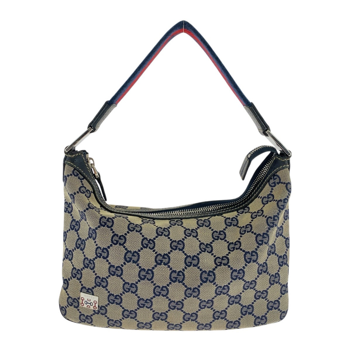 GUCCI Shoulder Bag 145812 GG canvas Gray Navy SilverMetal Sherry line Women Used Authentic