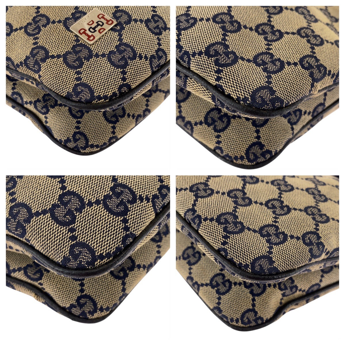 GUCCI Shoulder Bag 145812 GG canvas Gray Navy SilverMetal Sherry line Women Used Authentic