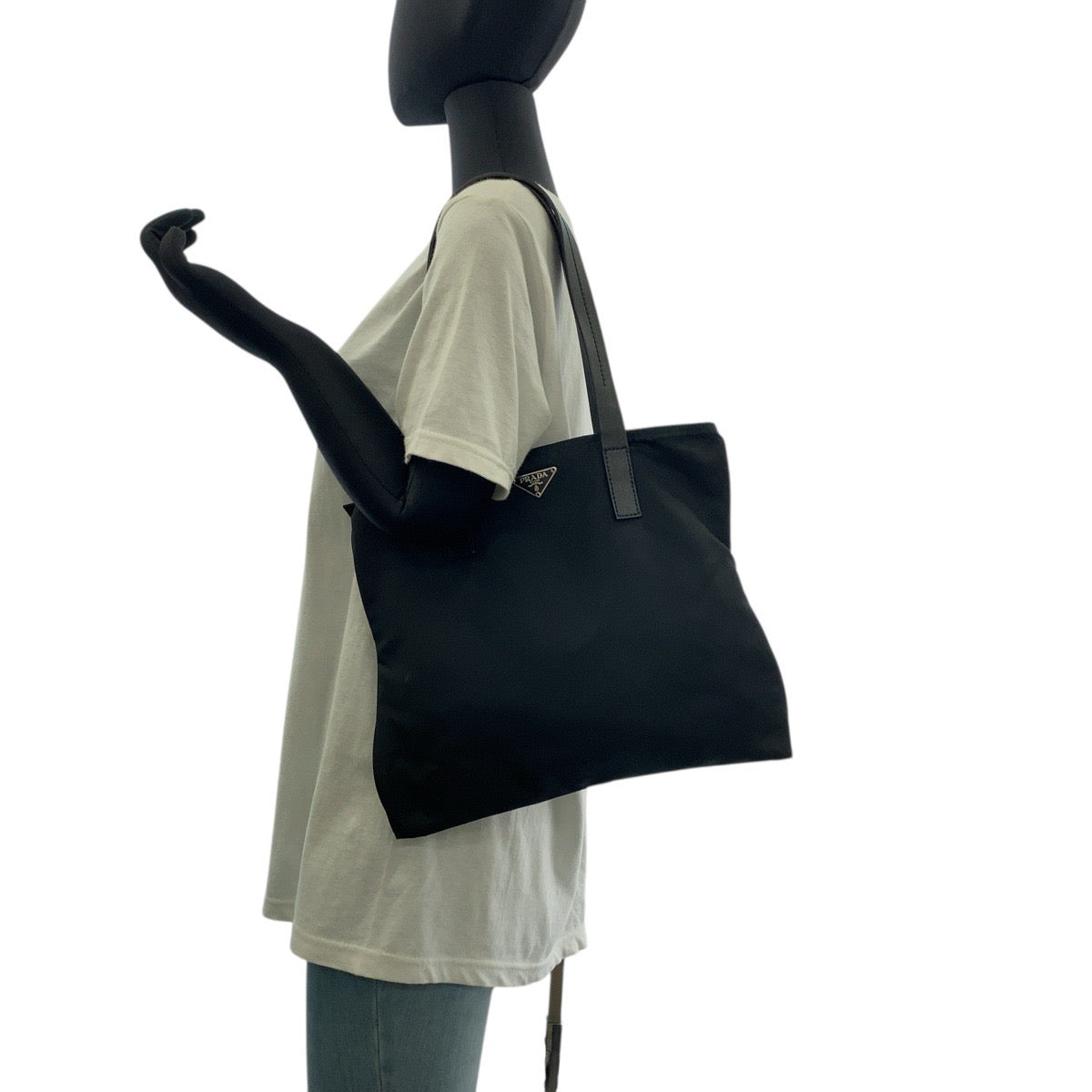 PRADA Tote Bag Nylon, Leather Black SilverMetal Tote Bag Shoulder Bag Test Triangle With logo Women Used Authentic