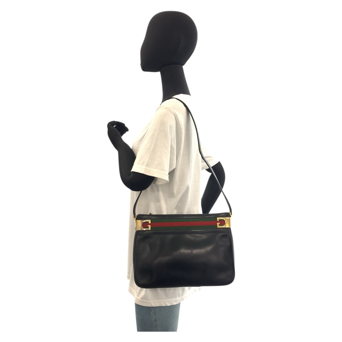 GUCCI Shoulder Bag leather Black GoldMetal Shoulder Bag pochette Sherry Line Old Gucci Women Used Authentic