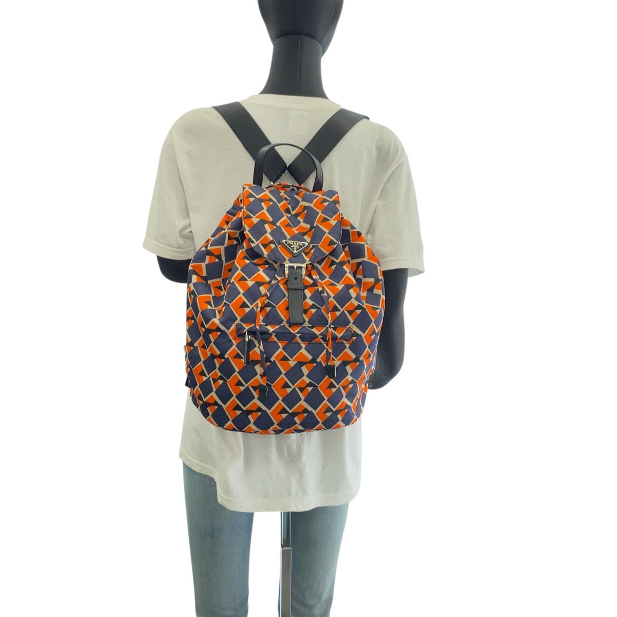 PRADA Backpack Nylon, Leather Orange Navy SilverMetal Backpack Backpack Test Triangle With logo Women Used Authentic