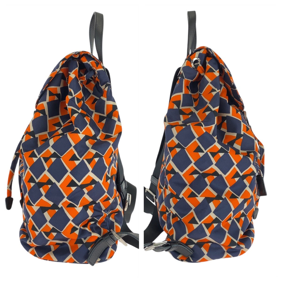 PRADA Backpack Nylon, Leather Orange Navy SilverMetal Backpack Backpack Test Triangle With logo Women Used Authentic
