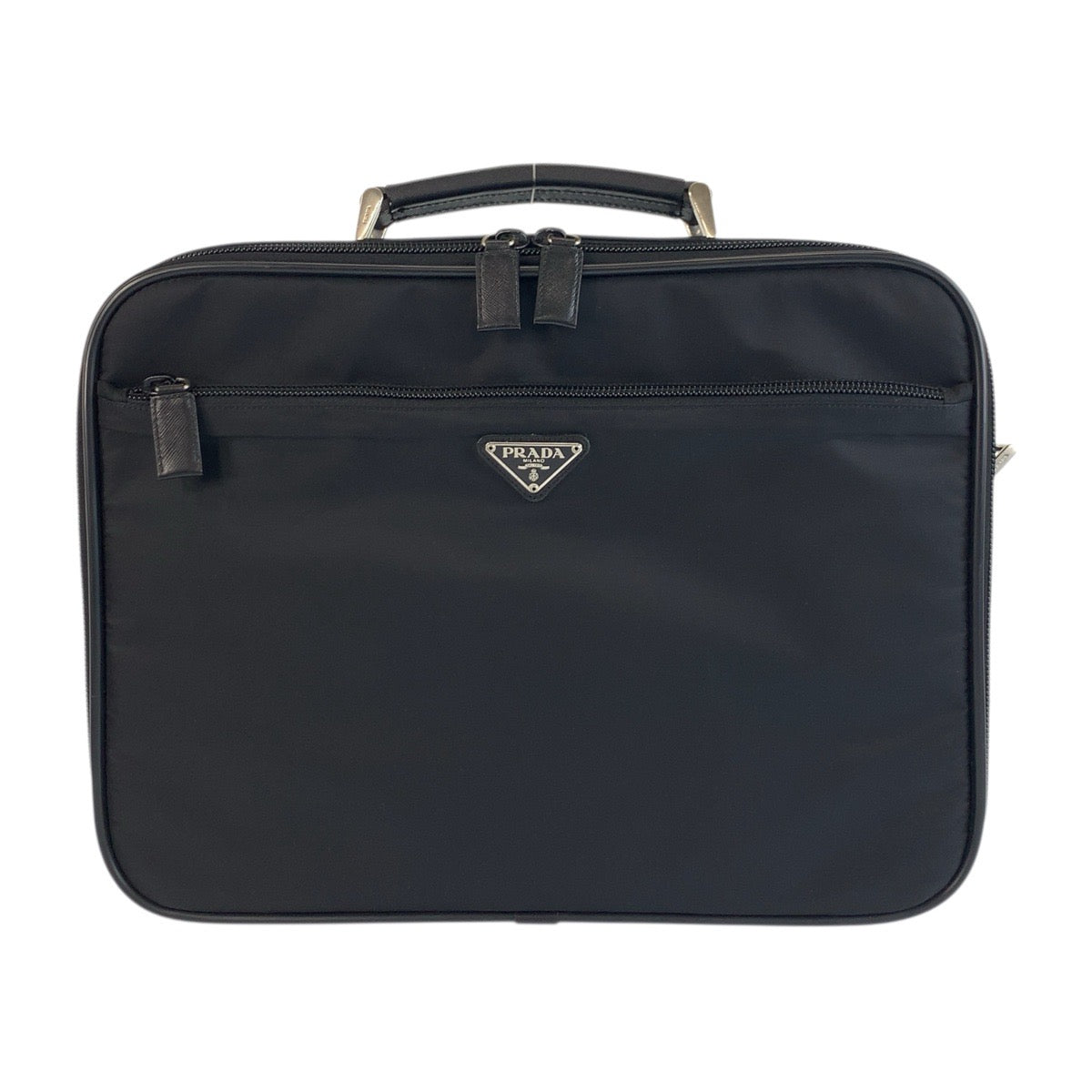 PRADA Business bag Nylon, Leather Black SilverMetal Business bag briefcase Test Triangle With logo mens Used Authentic