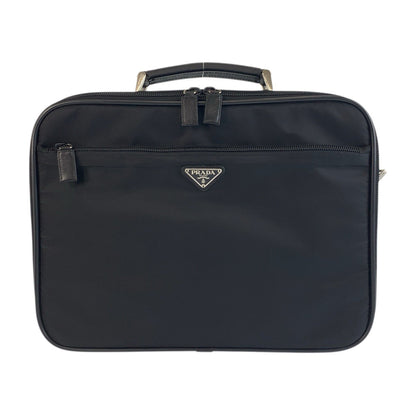 PRADA Business bag Nylon, Leather Black SilverMetal Business bag briefcase Test Triangle With logo mens Used Authentic
