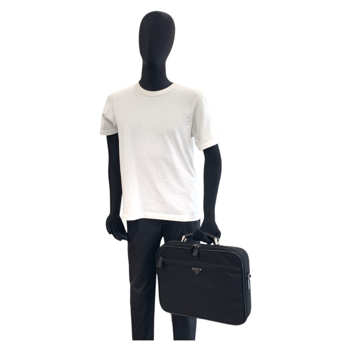 PRADA Business bag Nylon, Leather Black SilverMetal Business bag briefcase Test Triangle With logo mens Used Authentic