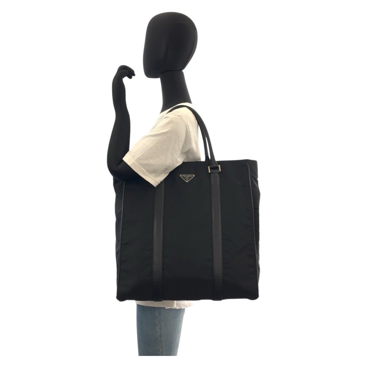PRADA Tote Bag Nylon, Leather Black SilverMetal Tote Bag Shoulder Bag Business bag Test Triangle With logo mens Used Authentic