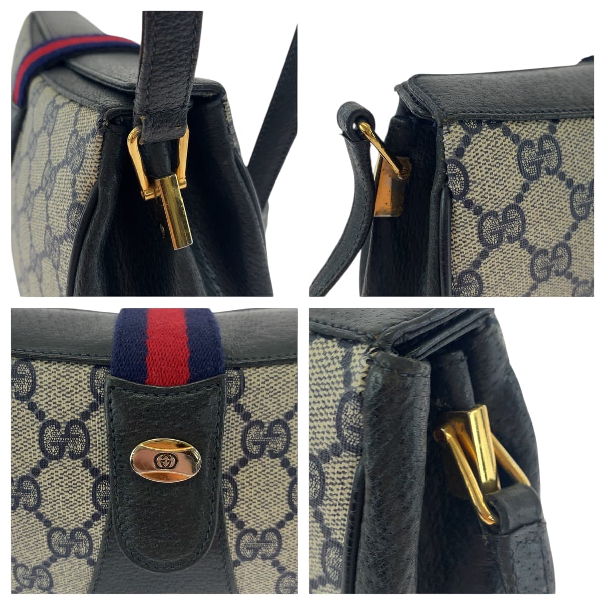 GUCCI Shoulder Bag 66 02 024 GG Supreme Canvas Navy Gray Gold Metal Shoulder Bag pochette Old Gucci Shelly Line Women Used Authentic