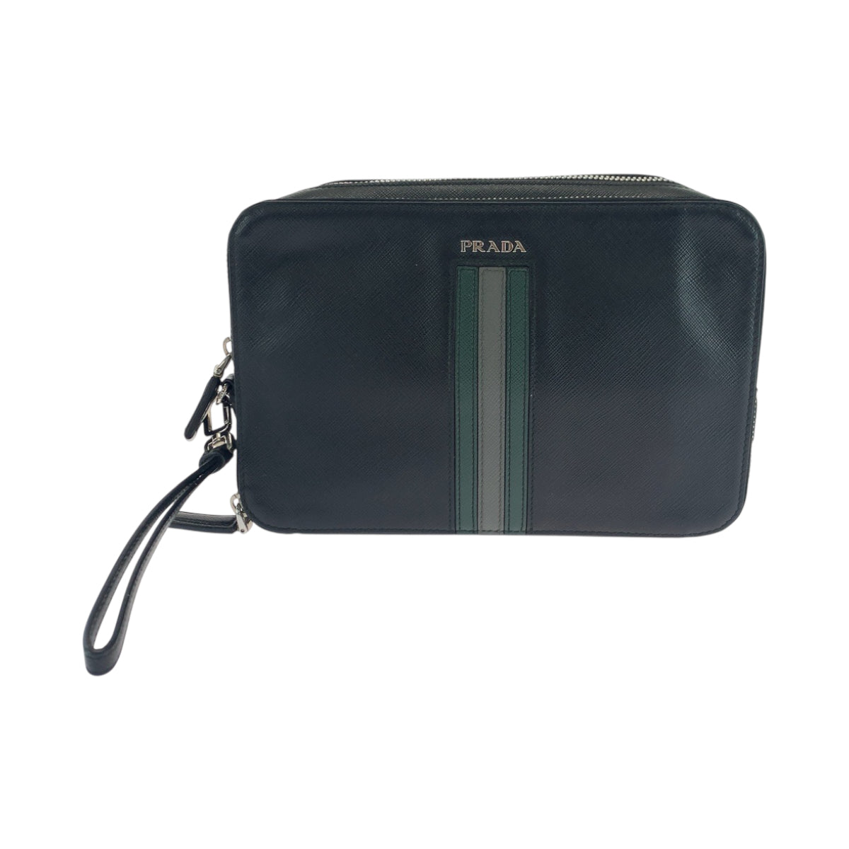 PRADA Clutch bag leather Black SilverMetal Clutch bag business bag Safiano leather logo mens Used Authentic