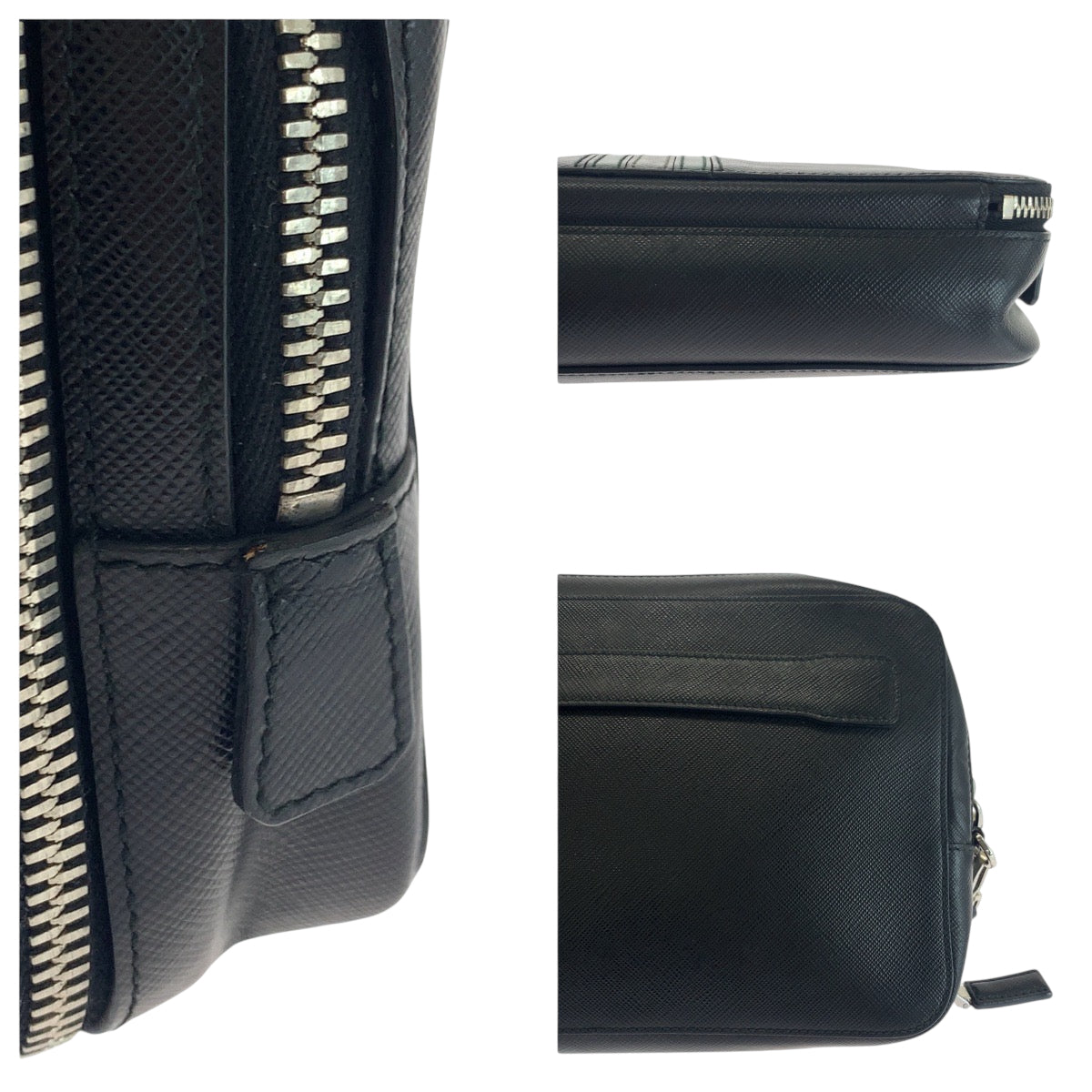 PRADA Clutch bag leather Black SilverMetal Clutch bag business bag Safiano leather logo mens Used Authentic