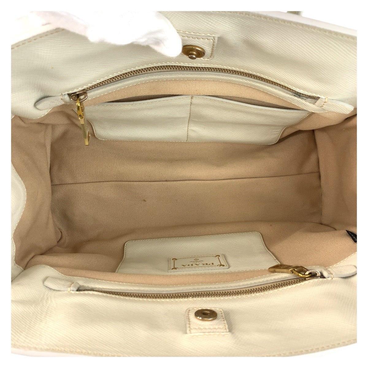 PRADA Handbag canvas Beige White Gold Metal