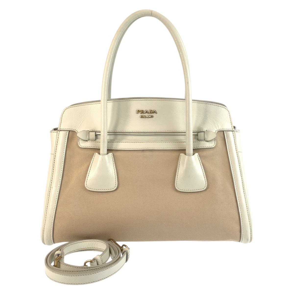 PRADA Handbag canvas Beige White Gold Metal