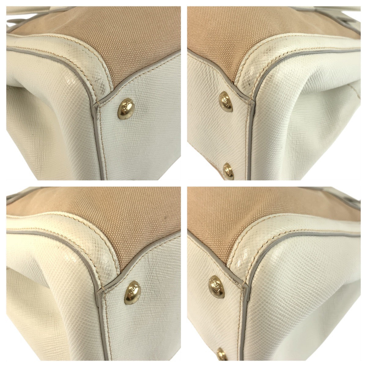 PRADA Handbag canvas Beige White Gold Metal