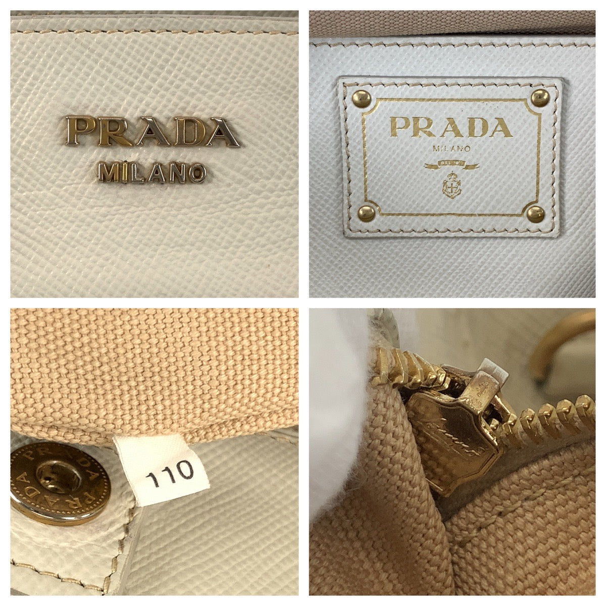 PRADA Handbag canvas Beige White Gold Metal