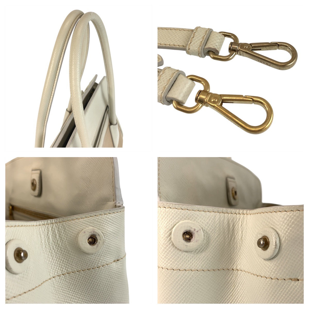 PRADA Handbag canvas Beige White Gold Metal