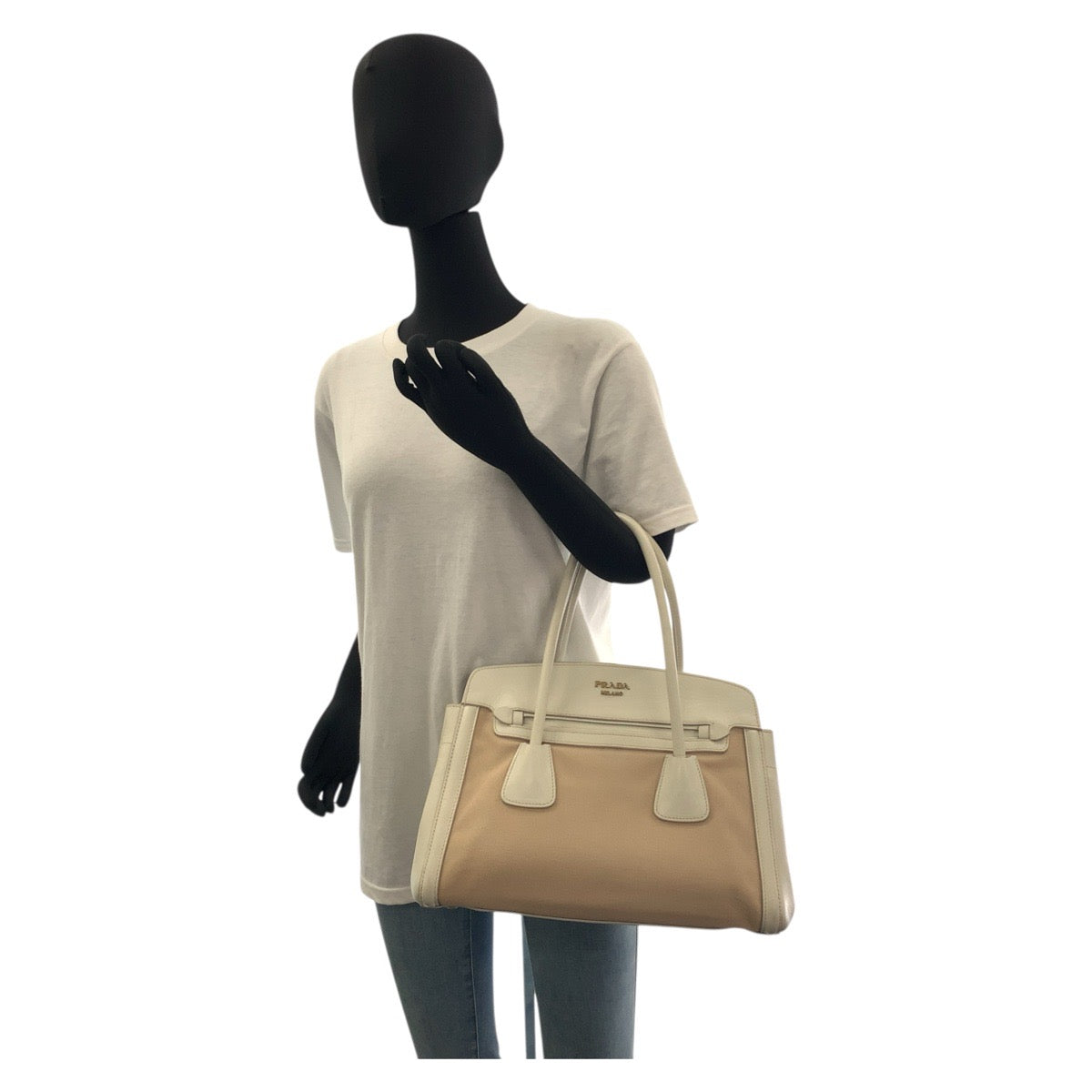 PRADA Handbag canvas Beige White Gold Metal