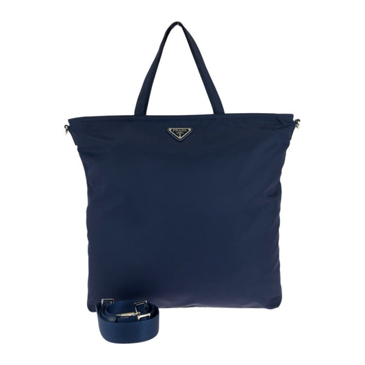 PRADA Tote Bag Nylon Navy SilverMetal Tote Bag Shoulder Bag 2way Test Triangle With logo Women Used Authentic