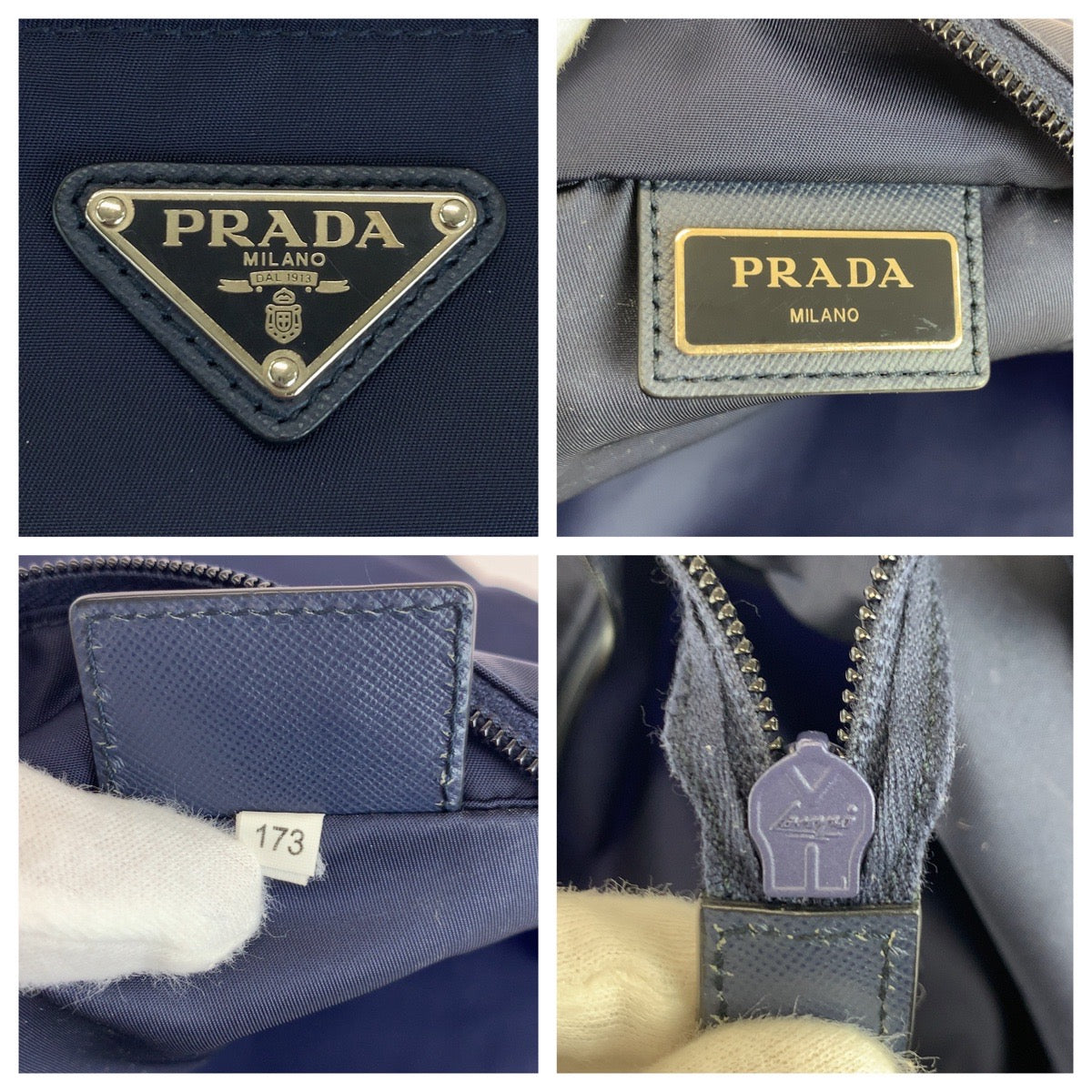 PRADA Tote Bag Nylon Navy SilverMetal Tote Bag Shoulder Bag 2way Test Triangle With logo Women Used Authentic