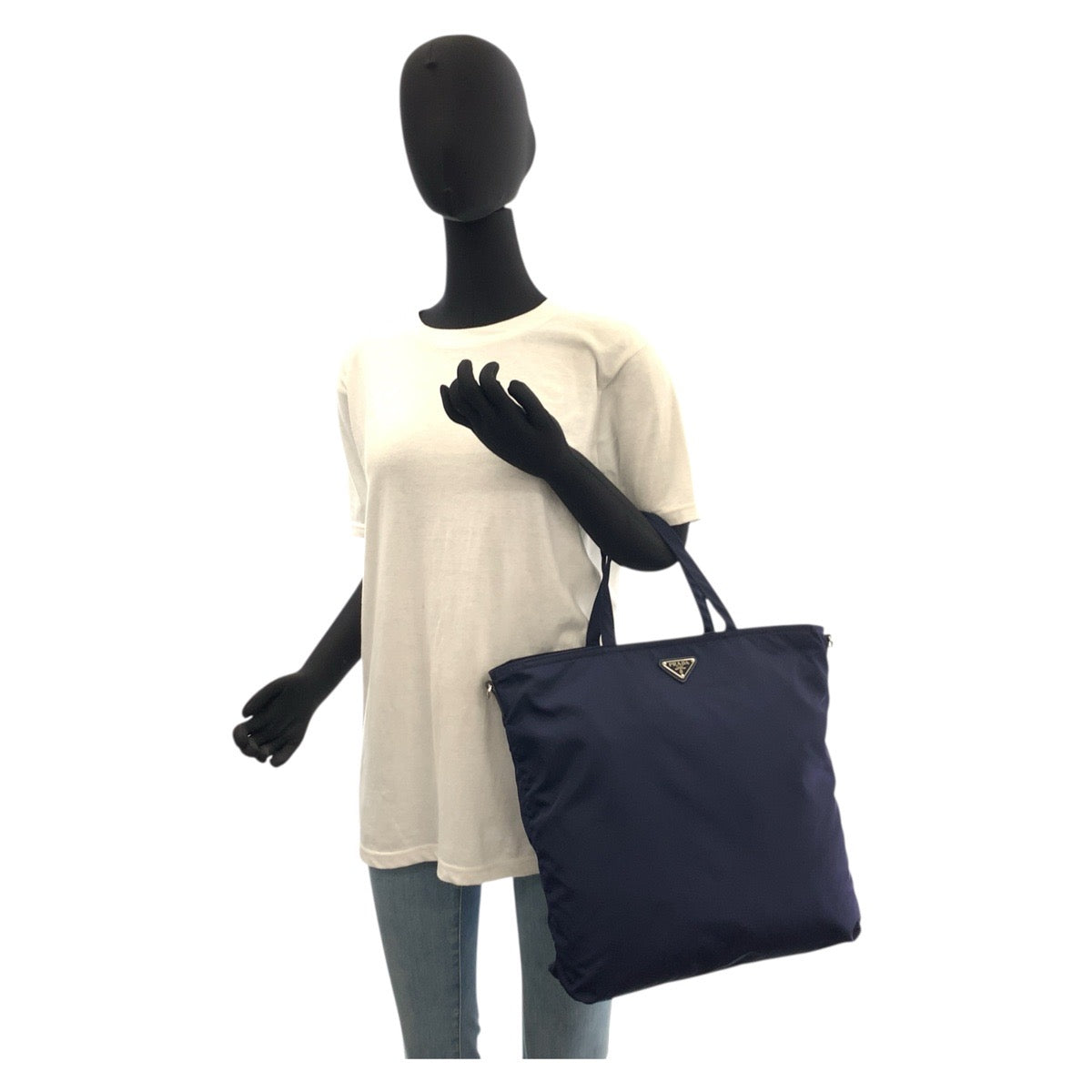 PRADA Tote Bag Nylon Navy SilverMetal Tote Bag Shoulder Bag 2way Test Triangle With logo Women Used Authentic