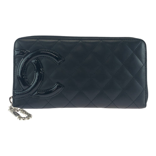 CHANEL Long Wallet Purse Leather, Patent Leather Black Silver Metal Long Wallet Purse Cambon line COCO Mark Women Used Authentic