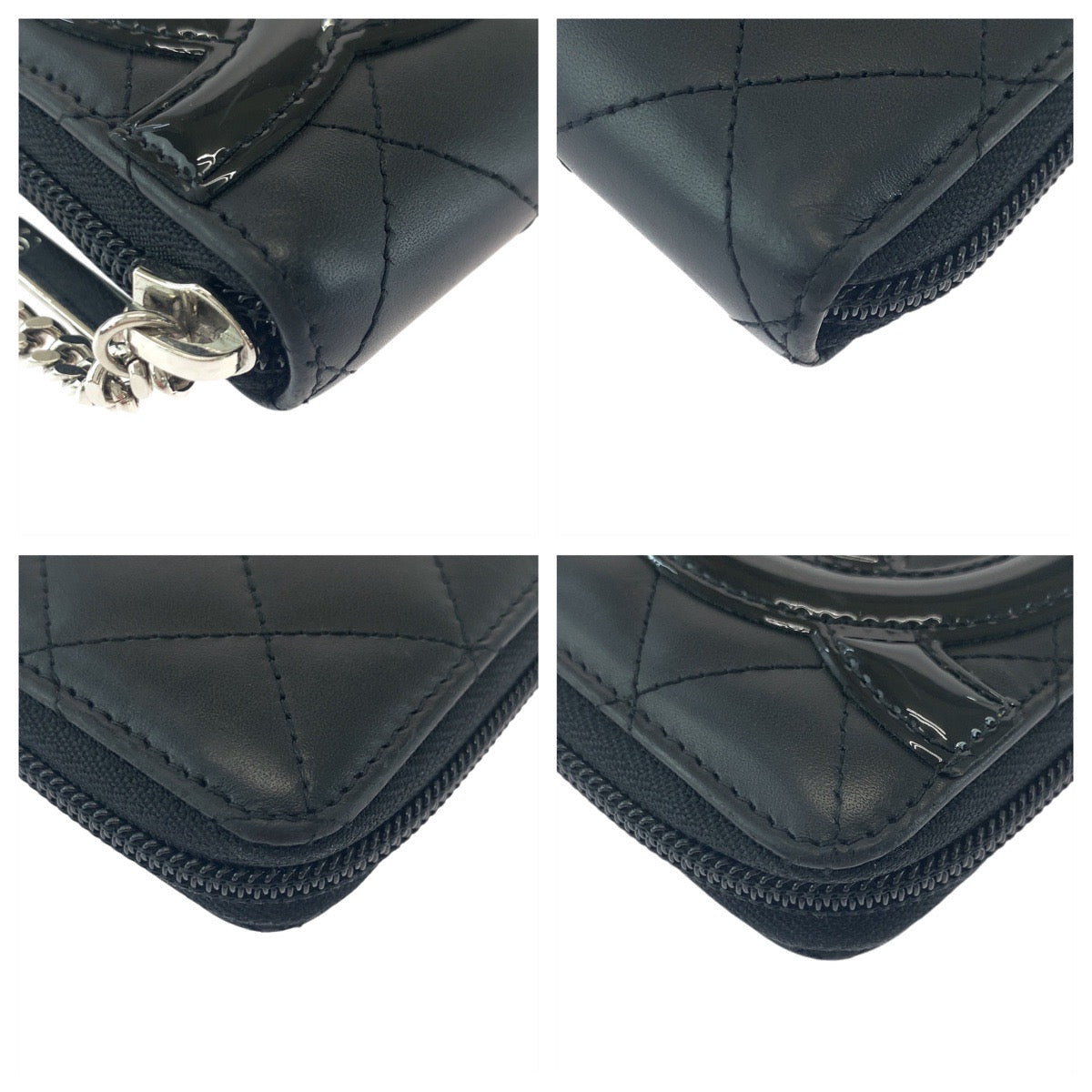 CHANEL Long Wallet Purse Leather, Patent Leather Black Silver Metal Long Wallet Purse Cambon line COCO Mark Women Used Authentic