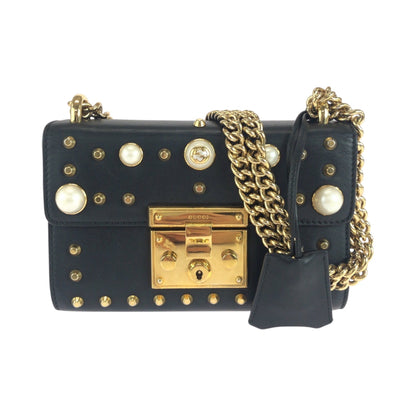 GUCCI Shoulder Bag 432182 leather Black Gold Metal ChainShoulder Bag Pochette Studs Pearl Women Used Authentic