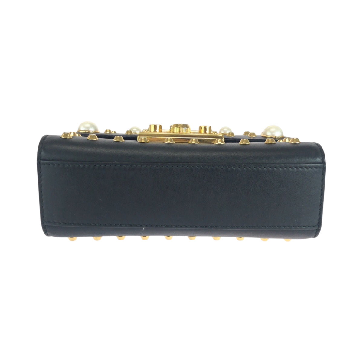 GUCCI Shoulder Bag 432182 leather Black Gold Metal ChainShoulder Bag Pochette Studs Pearl Women Used Authentic