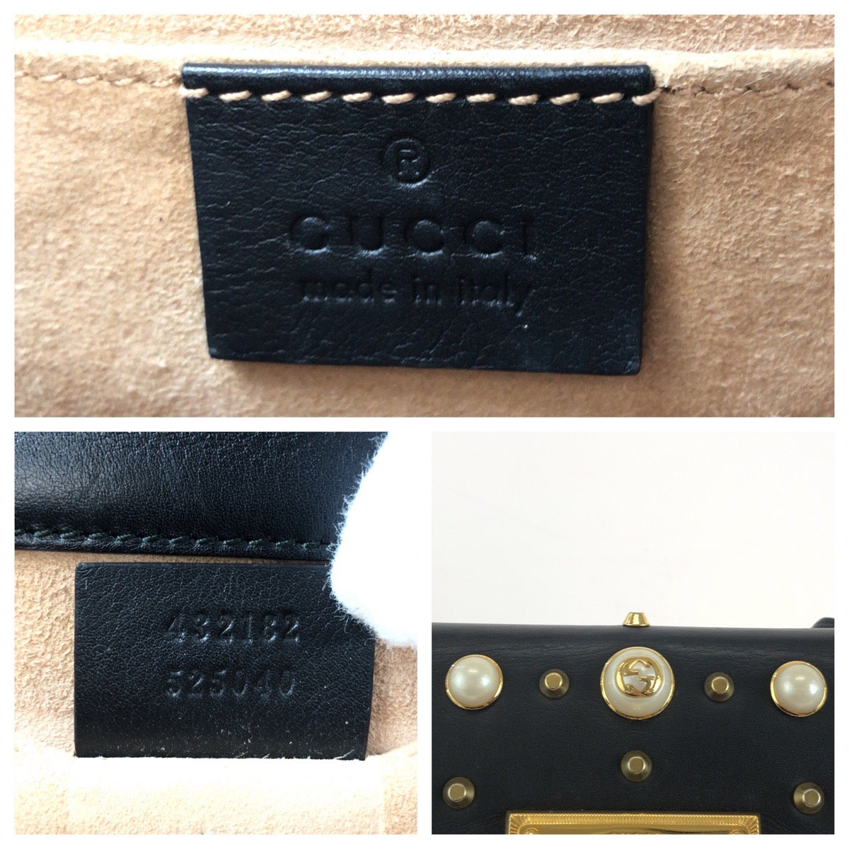 GUCCI Shoulder Bag 432182 leather Black Gold Metal ChainShoulder Bag Pochette Studs Pearl Women Used Authentic