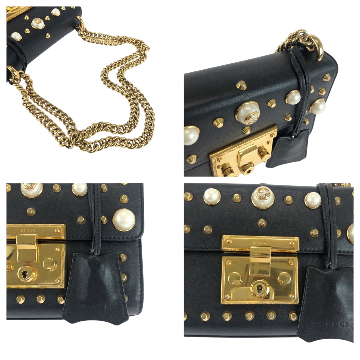 GUCCI Shoulder Bag 432182 leather Black Gold Metal ChainShoulder Bag Pochette Studs Pearl Women Used Authentic