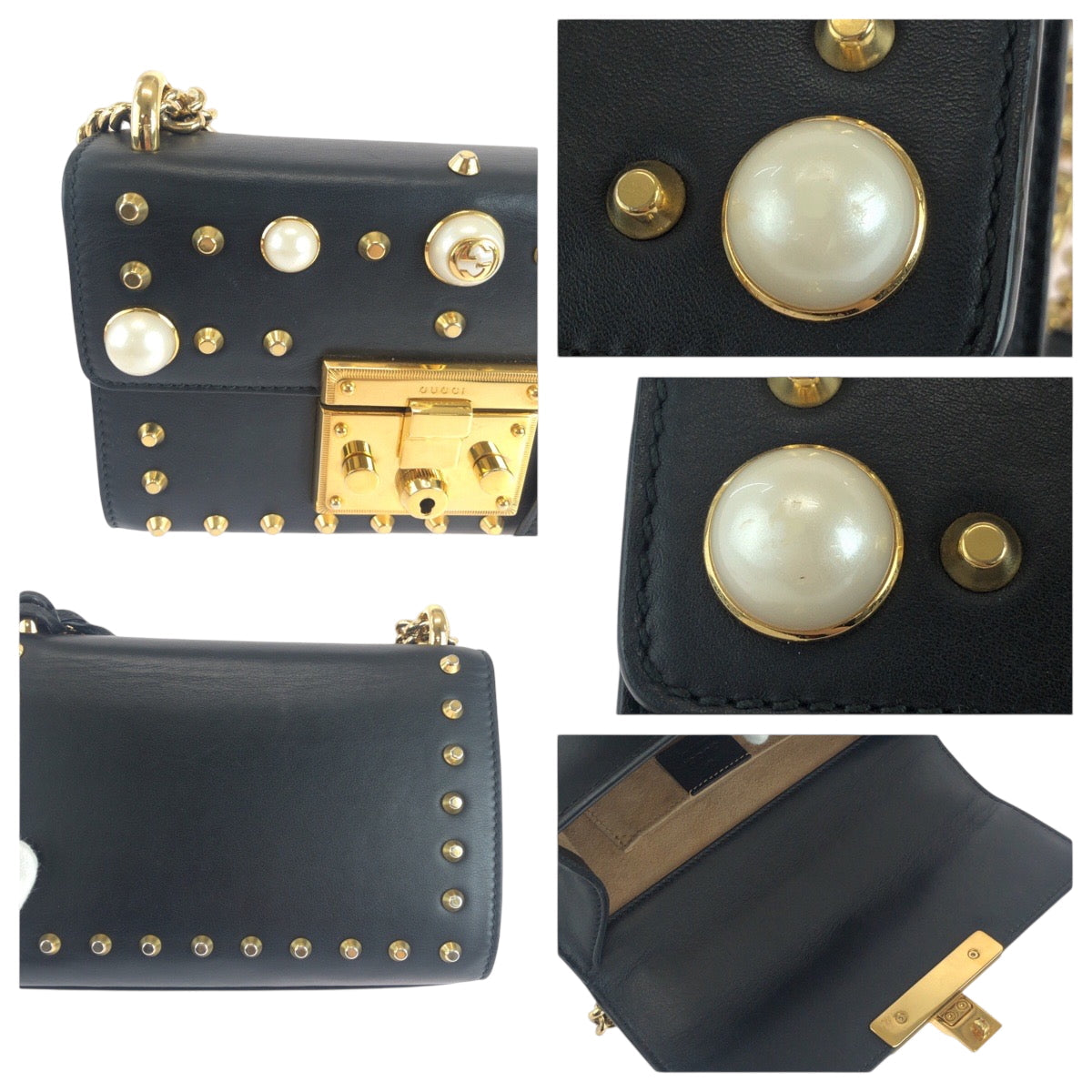 GUCCI Shoulder Bag 432182 leather Black Gold Metal ChainShoulder Bag Pochette Studs Pearl Women Used Authentic
